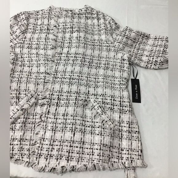Doe & Rae White Tweed Wrap Coat Blazer Self Tie Belt Fringe New Size Large - Picture 7 of 7